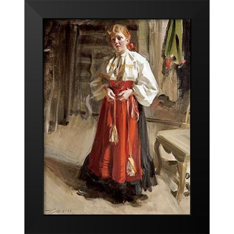 Girl In Orsa Costume Black Modern Wood Framed Art Print by Zorn, Anders Leonard