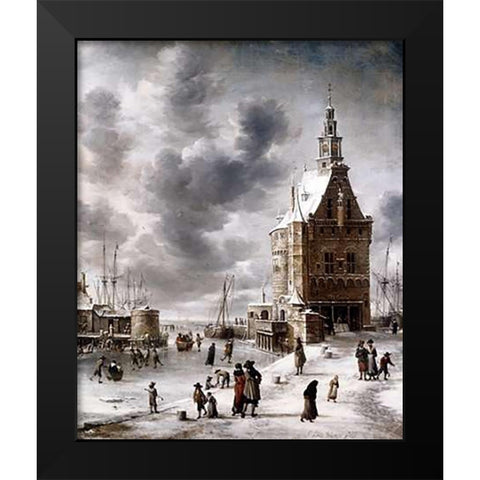 Town Gate of Hoorn Black Modern Wood Framed Art Print by Beerstraaten, Jan Abrahamz