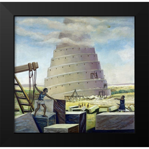 Building The Tower of Babel Black Modern Wood Framed Art Print by Bianchini, Vittorio