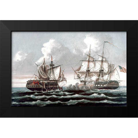U.S.S. Constitution Defeating The British Ship,Guerriere - War of 1812 Black Modern Wood Framed Art Print by Birch, Thomas