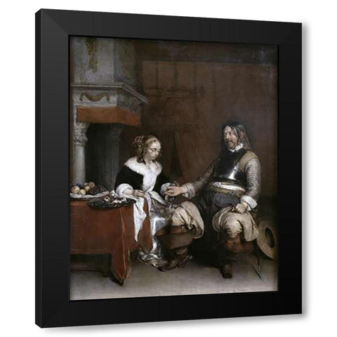 Gallant Soldier Black Modern Wood Framed Art Print by Ter Borch, Gerard