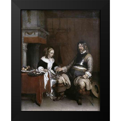 Gallant Soldier Black Modern Wood Framed Art Print by Ter Borch, Gerard