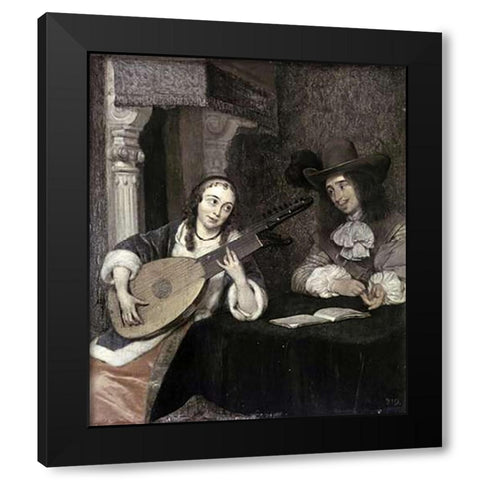 Woman Playing The Lute Black Modern Wood Framed Art Print by Ter Borch, Gerard