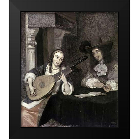 Woman Playing The Lute Black Modern Wood Framed Art Print by Ter Borch, Gerard