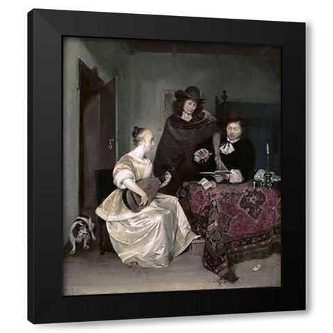 Young Woman Playing The Theorbo To Two Men Black Modern Wood Framed Art Print with Double Matting by Ter Borch, Gerard