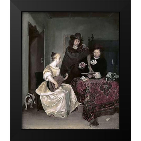 Young Woman Playing The Theorbo To Two Men Black Modern Wood Framed Art Print by Ter Borch, Gerard