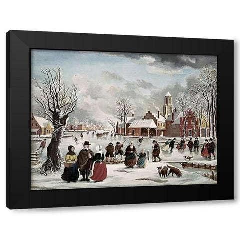 Winter Life In Holland Black Modern Wood Framed Art Print with Double Matting by Van der Bowlen, J.