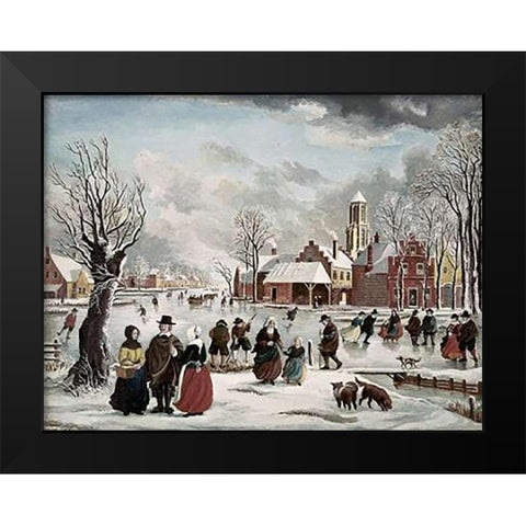 Winter Life In Holland Black Modern Wood Framed Art Print by Van der Bowlen, J.