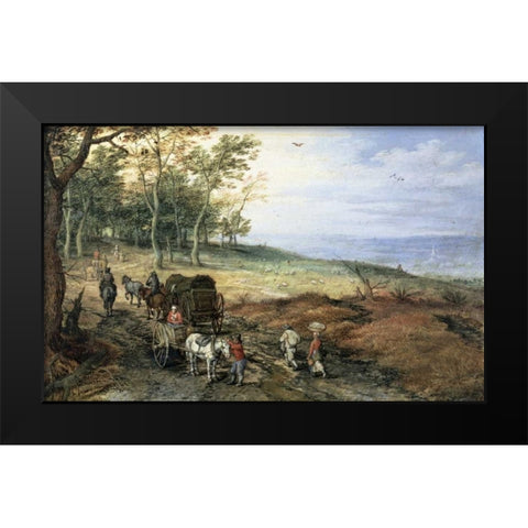 A Wooded Landscape with Travelers Black Modern Wood Framed Art Print by Jan Brueghel the Elder