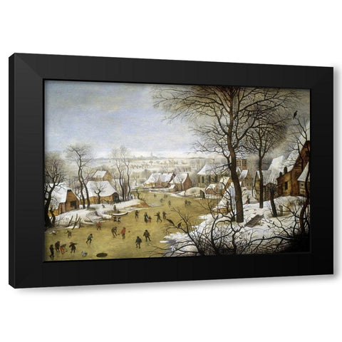 A Winter Landscape with Skaters and a Bird Trap Black Modern Wood Framed Art Print by Bruegel the Elder, Pieter