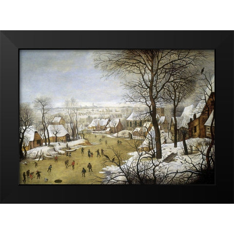 A Winter Landscape with Skaters and a Bird Trap Black Modern Wood Framed Art Print by Bruegel the Elder, Pieter