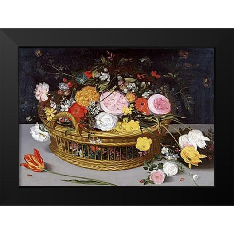 Roses Tulips, and Other Flowers In a Wicker Basket Black Modern Wood Framed Art Print by Brueghel, Jan