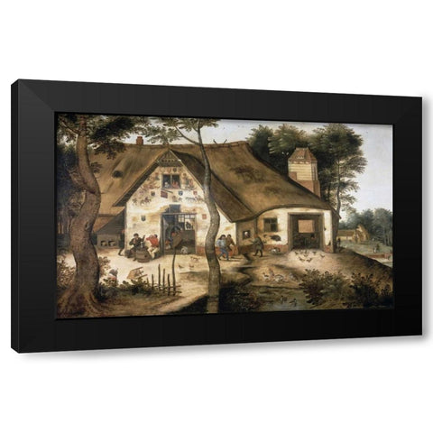 Auberge Saint-Michel Black Modern Wood Framed Art Print with Double Matting by Bruegel, Pieter the Younger