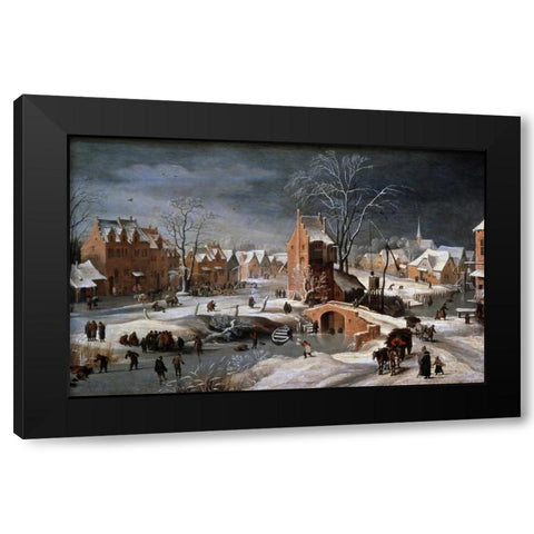 Winter Scene With Ice Skaters and Birds Black Modern Wood Framed Art Print with Double Matting by Bruegel, Pieter the Younger