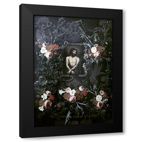 Museumist In a Wreath of Flowers Black Modern Wood Framed Art Print with Double Matting by Ter Brugghen, Hendrick