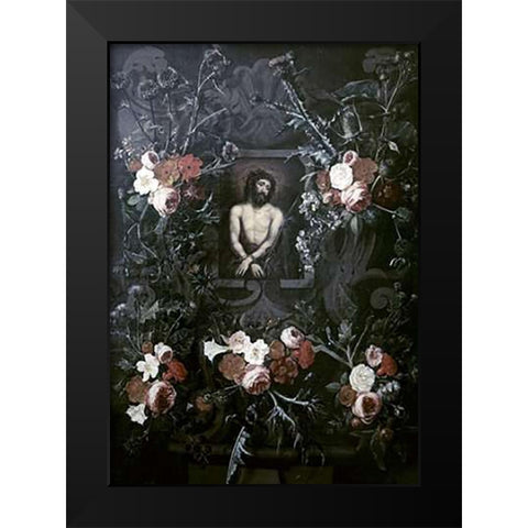 Museumist In a Wreath of Flowers Black Modern Wood Framed Art Print by Ter Brugghen, Hendrick