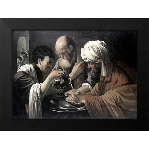 Pilate Washing His Hands Black Modern Wood Framed Art Print by Ter Brugghen, Hendrick