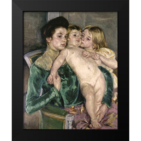 Childs Caress Black Modern Wood Framed Art Print by Cassatt, Mary