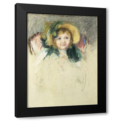 Sara in a Bonnet with a Plum Hanging Down Black Modern Wood Framed Art Print by Cassatt, Mary