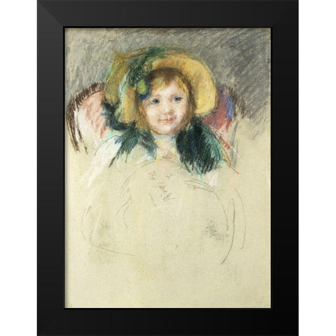 Sara in a Bonnet with a Plum Hanging Down Black Modern Wood Framed Art Print by Cassatt, Mary