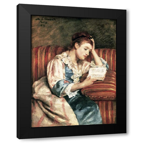 Young Woman Reading Black Modern Wood Framed Art Print with Double Matting by Cassatt, Mary