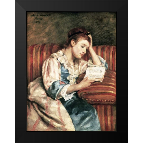 Young Woman Reading Black Modern Wood Framed Art Print by Cassatt, Mary