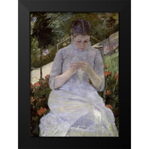 Young Woman Sewing in the Garden Black Modern Wood Framed Art Print by Cassatt, Mary