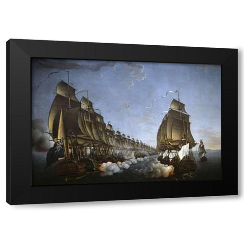 Combat Between The French and English Fleets As Viewed From Goudelour Black Modern Wood Framed Art Print with Double Matting by Rossel de Cercy, Auguste Louis