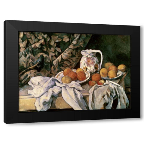 Curtain, Carafe and Fruit Black Modern Wood Framed Art Print by Cezanne, Paul