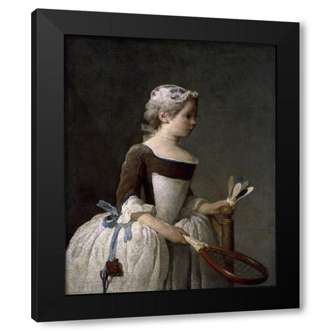 Girl With Racket and Shuttlecock Black Modern Wood Framed Art Print with Double Matting by Chardin, Jean-Baptiste-SimÃ©on