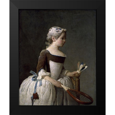 Girl With Racket and Shuttlecock Black Modern Wood Framed Art Print by Chardin, Jean-Baptiste-SimÃ©on