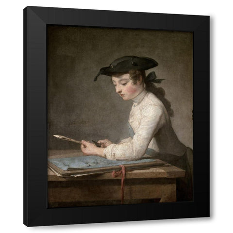 Young Draftsman Black Modern Wood Framed Art Print with Double Matting by Chardin, Jean-Baptiste-SimÃ©on