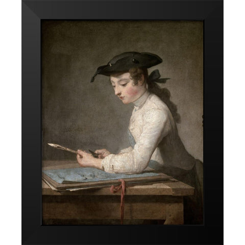 Young Draftsman Black Modern Wood Framed Art Print by Chardin, Jean-Baptiste-SimÃ©on