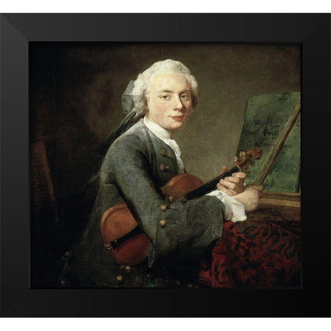 Young Man With a Violin Black Modern Wood Framed Art Print by Chardin, Jean-Baptiste-SimÃ©on