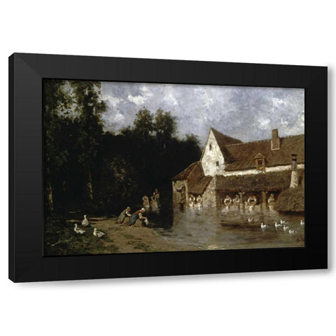 Washerwomen Black Modern Wood Framed Art Print by Cicerie, E.