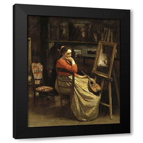 Corots Studio, Young Woman With a Mandolin Black Modern Wood Framed Art Print with Double Matting by Corot, Jean-Baptiste-Camille