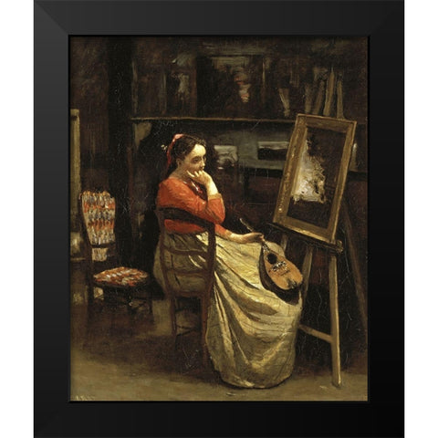 Corots Studio, Young Woman With a Mandolin Black Modern Wood Framed Art Print by Corot, Jean-Baptiste-Camille