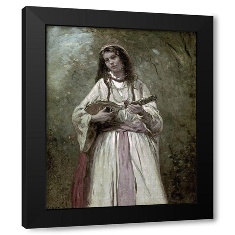 Gypsy Girl With Mandolin Black Modern Wood Framed Art Print with Double Matting by Corot, Jean-Baptiste-Camille