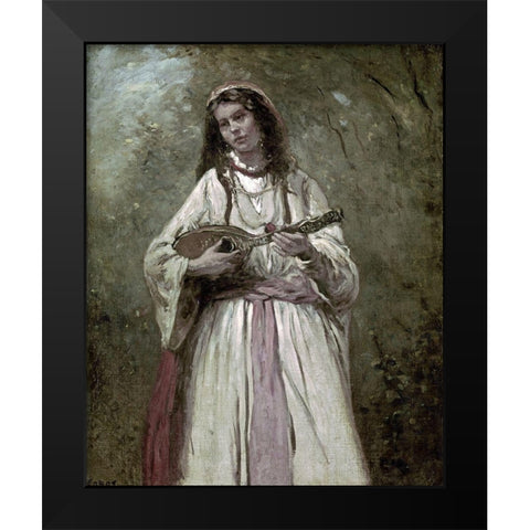 Gypsy Girl With Mandolin Black Modern Wood Framed Art Print by Corot, Jean-Baptiste-Camille