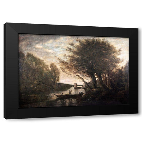 Rowing To Shore Black Modern Wood Framed Art Print with Double Matting by Corot, Jean-Baptiste-Camille