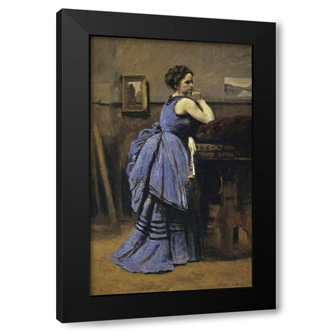 Woman In Blue Black Modern Wood Framed Art Print with Double Matting by Corot, Jean-Baptiste-Camille
