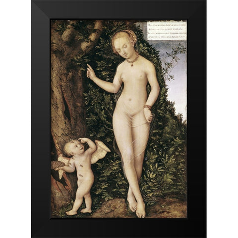 Venus and Cupid With Bee Hive Black Modern Wood Framed Art Print by Cranach, Lucas
