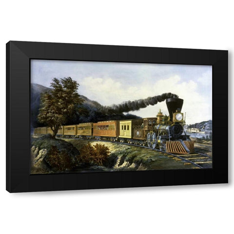 American Express Train Black Modern Wood Framed Art Print with Double Matting by Currier and Ives