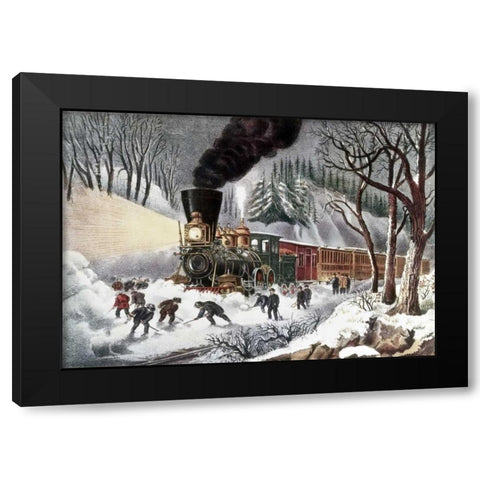 American Railroad Scene Black Modern Wood Framed Art Print with Double Matting by Currier and Ives