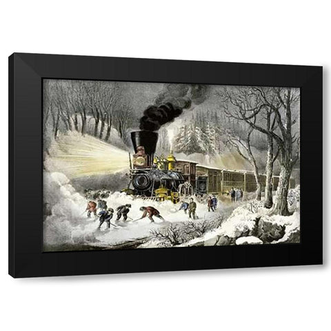 American Railroad Scene/Snowbound Black Modern Wood Framed Art Print by Ives, Currier and