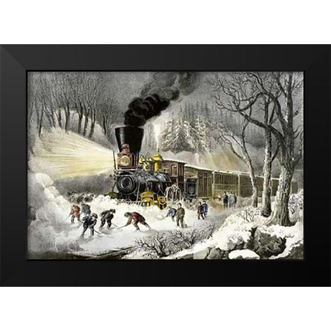 American Railroad Scene/Snowbound Black Modern Wood Framed Art Print by Ives, Currier and