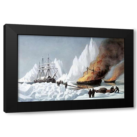 American Whalers Crushed In The Ice Black Modern Wood Framed Art Print with Double Matting by Ives, Currier and