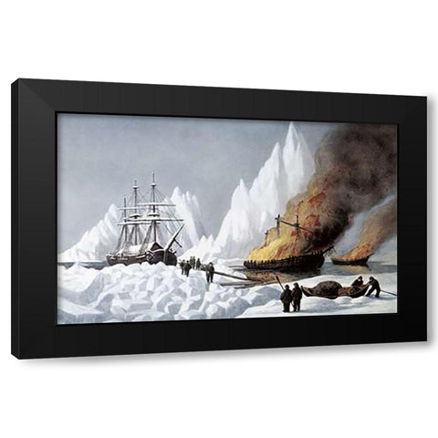 American Whalers Crushed In The Ice Black Modern Wood Framed Art Print by Ives, Currier and