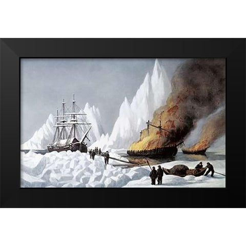 American Whalers Crushed In The Ice Black Modern Wood Framed Art Print by Ives, Currier and