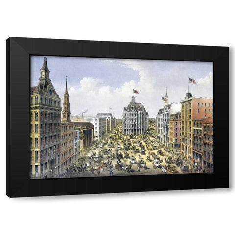 Broadway New York Black Modern Wood Framed Art Print by Currier and Ives